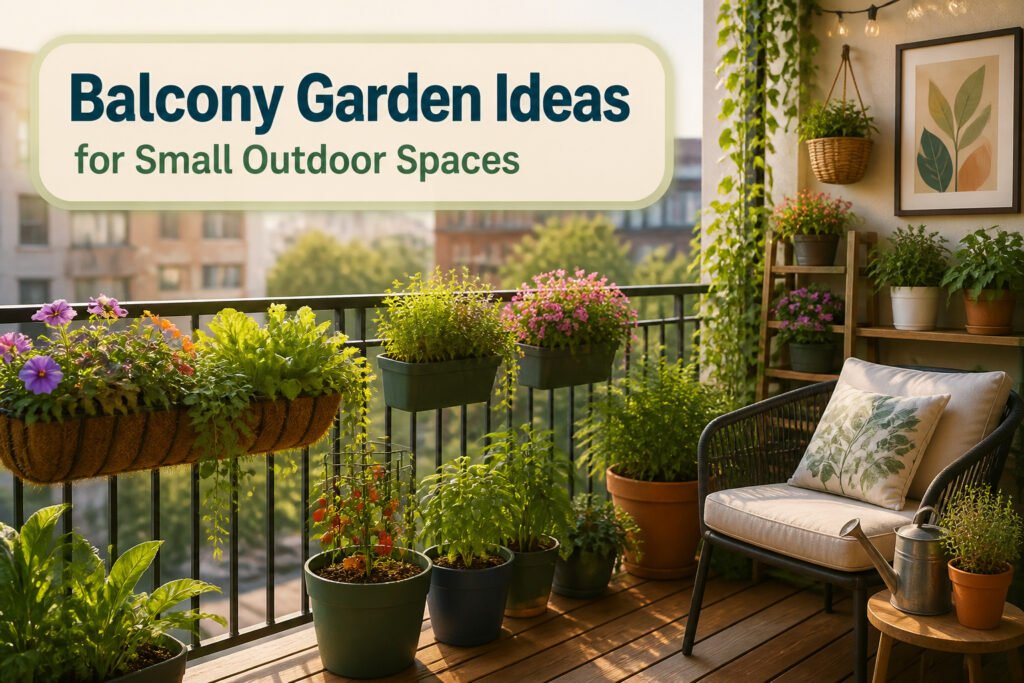 A balcony garden with assorted plants in containers and hanging planters.