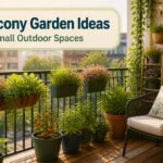 A balcony garden with assorted plants in containers and hanging planters.