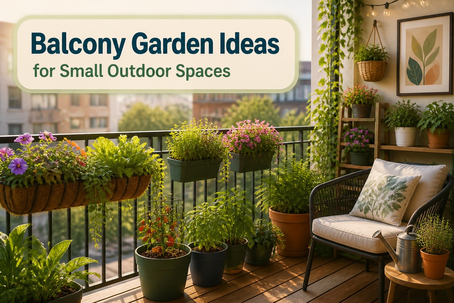 A balcony garden with assorted plants in containers and hanging planters.