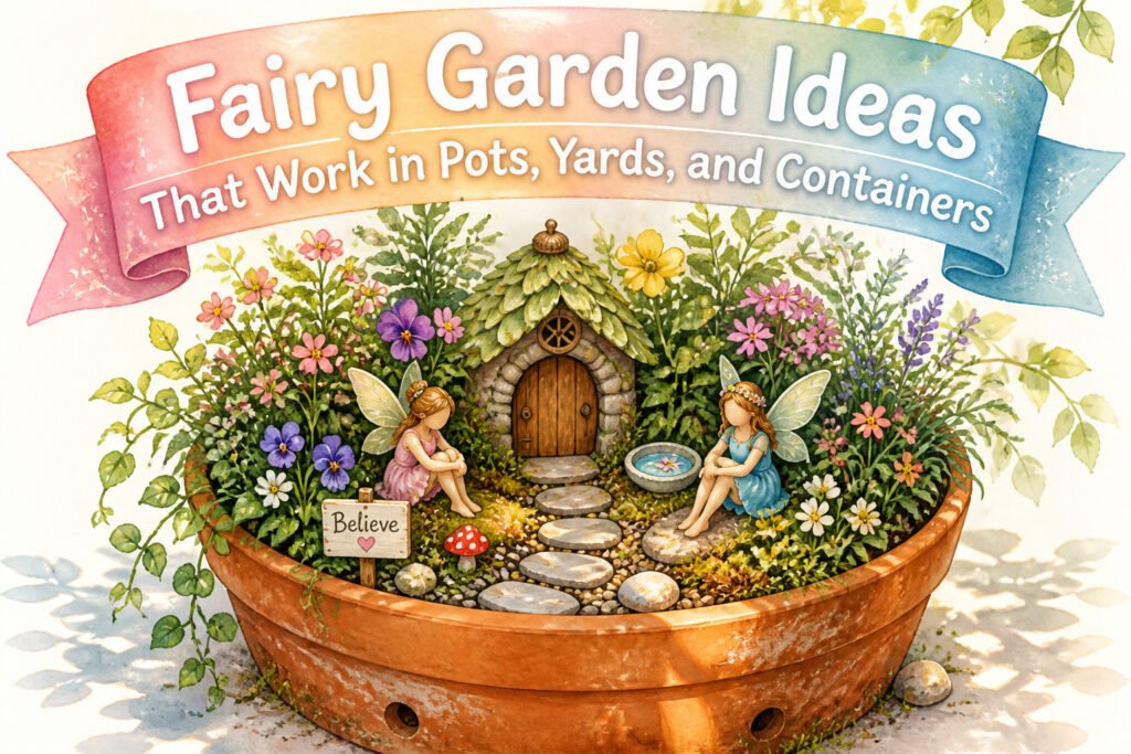 Different fairy gardens displayed in various pots and containers.