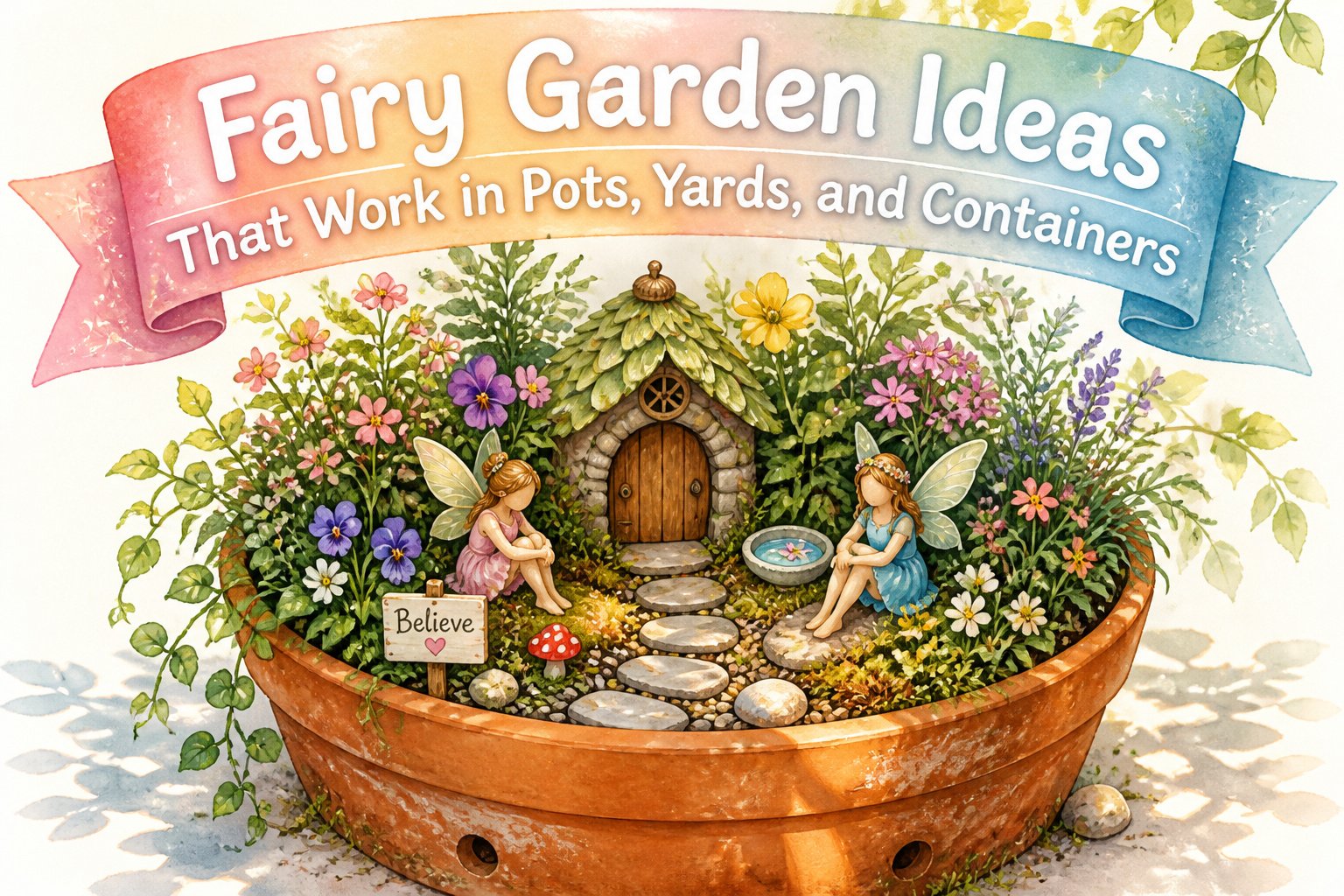 Different fairy gardens displayed in various pots and containers.