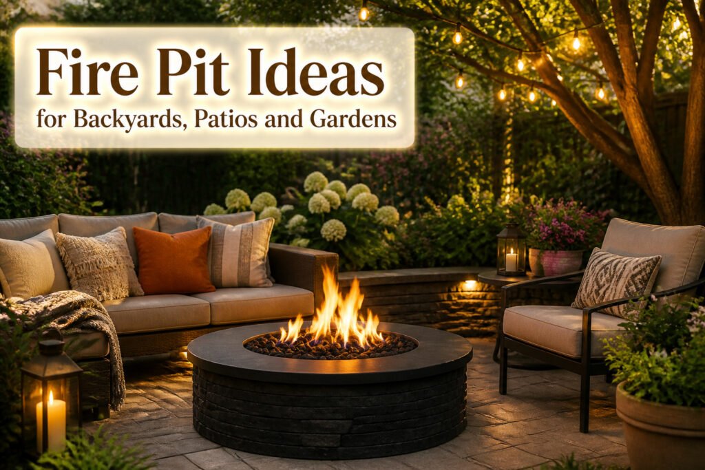 An outdoor fire pit with seating and plants nearby.