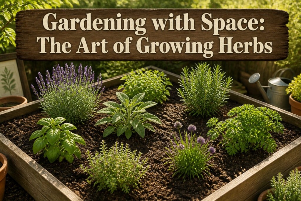 Colorful herbs arranged in various gardening styles and setups.