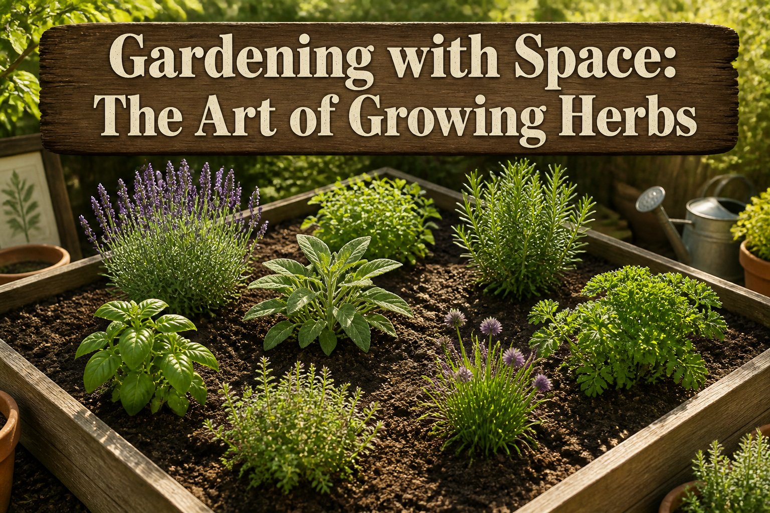 Colorful herbs arranged in various gardening styles and setups.