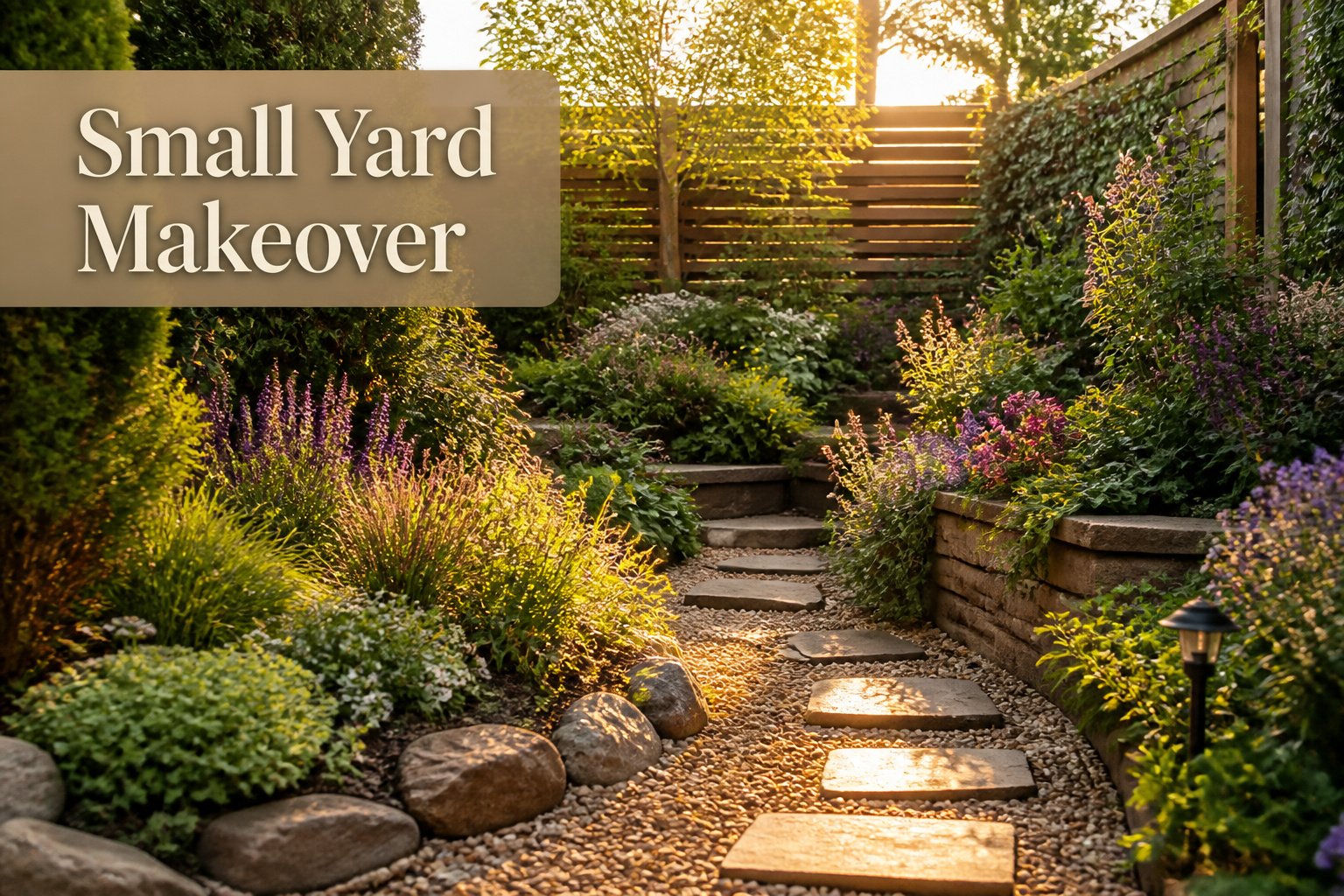 A vibrant garden with various plants and landscaping elements.