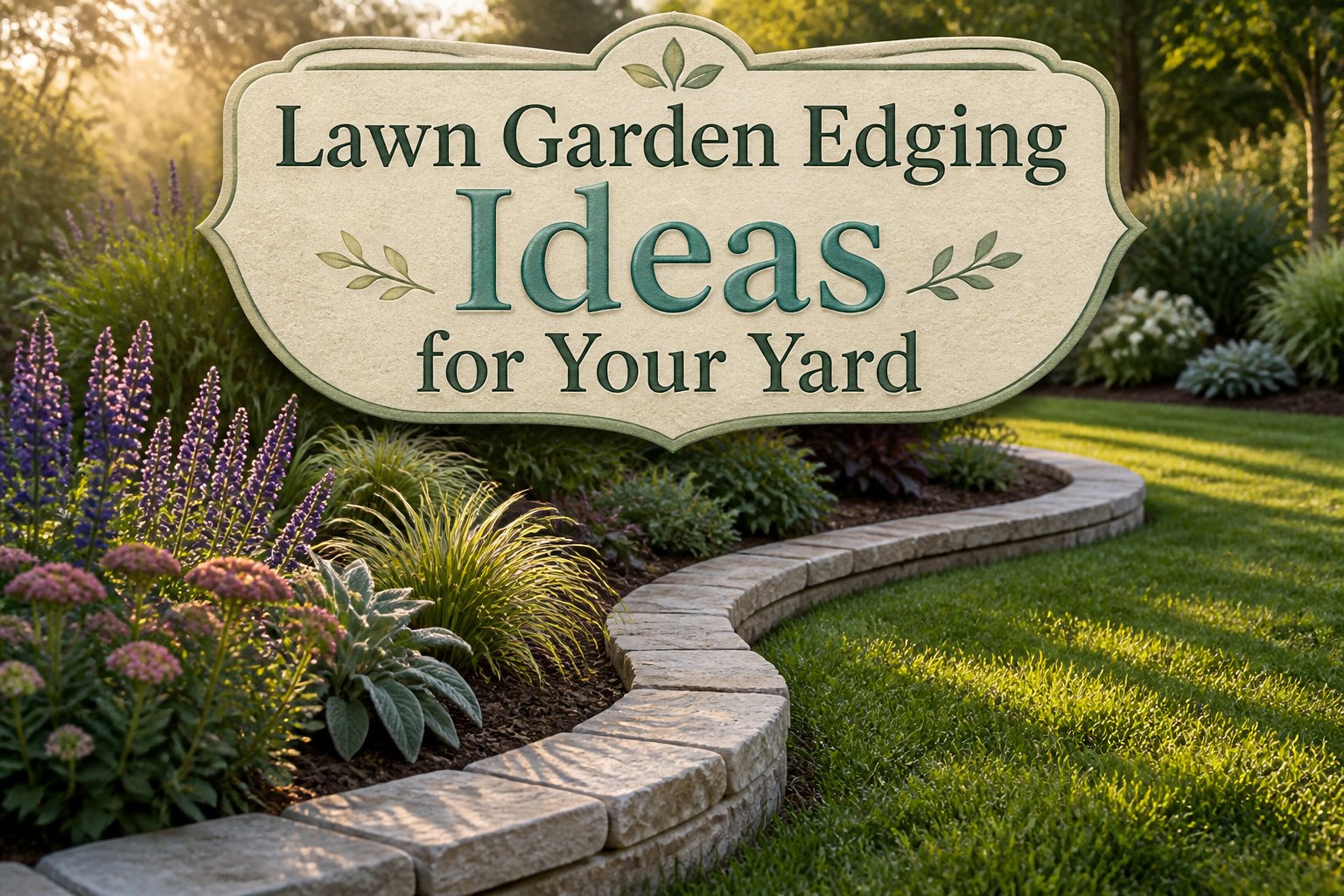 A colorful garden with different types of lawn edging materials.