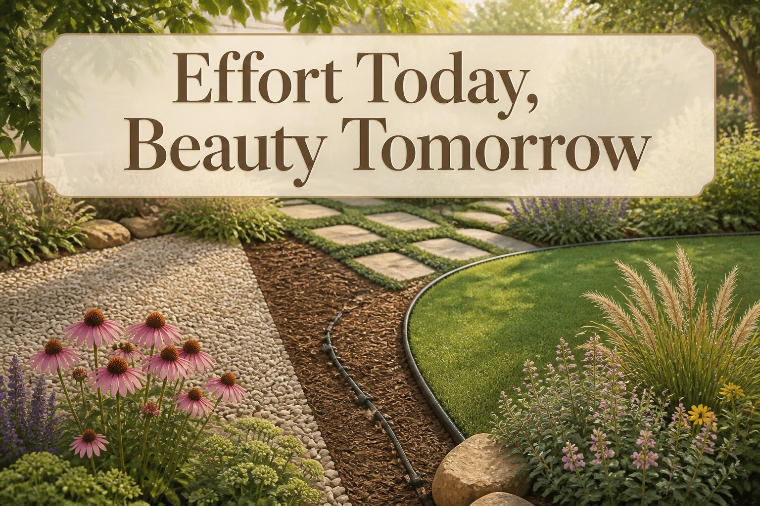 A garden area with various plants and hardscaping features.