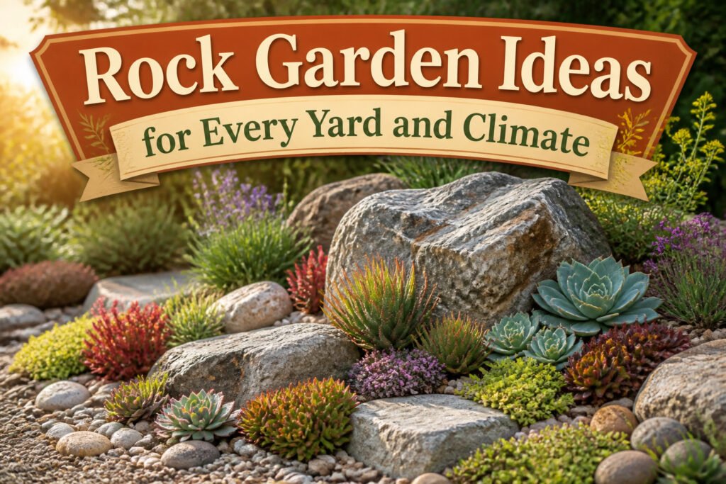 A rock garden with various stones and colorful plants arranged aesthetically.
