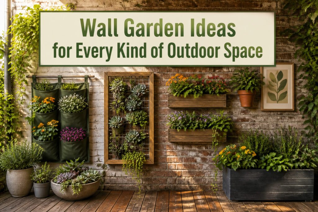 A vibrant wall garden with various flowers and plants in pocket planters.