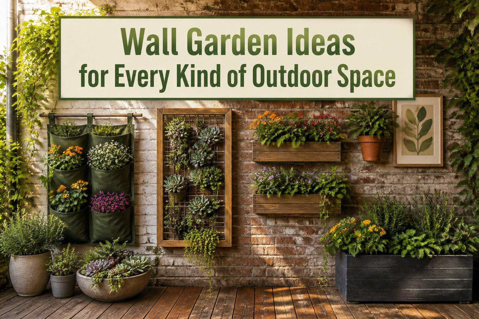 A vibrant wall garden with various flowers and plants in pocket planters.